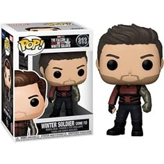 a pop vinyl figurine is shown in front of a box with an image of winter soldier on it