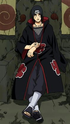 an anime character sitting in a chair with his hands on his knees and wearing a black robe