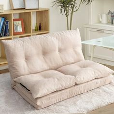 a futon sofa bed sitting on top of a white rug in a living room