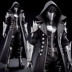 two figurines are dressed in black and silver outfits, one is wearing a hooded coat