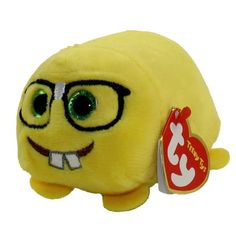 a yellow stuffed animal with glasses and a tag