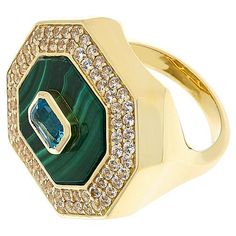 Rarities Freeform and Octagonal-Cut Gemstone Gold-Plated Ring  A geometric silhouette and bold gemstone design make this gold-plated ring a true statement piece. The octagonal-cut Swiss blue topaz set atop your favorite freeform gemstone is sure to catch the eye, while pavé white zircon add showstopping sparkle.       Approx. 7/8"L x 1"W x 5/16"H; shank 1/16"W     Stamped .925 sterling silver; gold plating   Stone Information       All sizes and weights approximate     Color-Enhanced Black Agate Modern Gold Multi-stone Gemstones, Modern Green Jewelry With Accent Stones, Octagon Yellow Gold Jewelry With Gemstone Accents, Gold Jewelry With Rectangular Accent Stones, Gold Jewelry With Emerald Cut Gemstone Accents, Modern Gold Crystal Ring With Gemstone, Modern 14k Gold Multi-stone Jewelry, Modern Green Jewelry With Gemstone Accents, Art Deco Yellow Gold Jewelry With Gemstone Accents