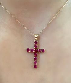 Ruby Gold Necklace - Gold Cross Necklace - Gold Cross Necklace Women - Naturel Ruby - 18k Gold Cross - Ruby Cross - Cross Necklace - Cross *100% naturel ruby *18k solid gold *solid gold (NOT plated) *pendant length: 3 cm. - 1,5 cm. *ruby: 11 pcs. *ruby size: 3 mm. Ruby Cross Necklace, Ruby Pendant In Yellow Gold, Yellow Gold Ruby Pendant Jewelry, Yellow Gold Ruby Necklace With Prong Setting, Formal Gemstone Cross Pendant Jewelry, Ruby Necklace With Vvs Clarity As A Gift, Vvs Clarity Ruby Necklace Gift, Yellow Gold Cross Pendant Necklace With Gemstone, Formal Gemstone Cross Necklace