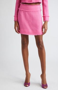 Fringe trim furthers the textural allure of this polished miniskirt tailored from wool-blend tweed. A stretch-satin lining featuring house-signature leopard spots adds a subtle surprise. Hidden back-zip closure Lined 93% wool, 7% nylon Dry clean Made in Italy Designer Clothing Pink Tweed Skirt, Embroidered Crochet, Designer Clothing Brands, Pink Tweed, Tweed Mini Skirt, Knee Skirts, Leopard Spots, Tweed Skirt, Crochet Skirt