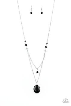 Rows of dainty silver and glassy black beads give way to two shimmery silver chain layers. A dainty black bead swings from the uppermost strand, while a glassy black stone pendant swings from the lowermost chain for a stacked look. Features an adjustable clasp closure Sold as one individual necklace. Includes one pair of matching earrings. 592 Black Jewelry Necklace, Black Stone Pendant, Orange Stone, Work Jewelry, Paparazzi Accessories, Black Necklace, Paparazzi Jewelry, Pink Stone, Black Stone