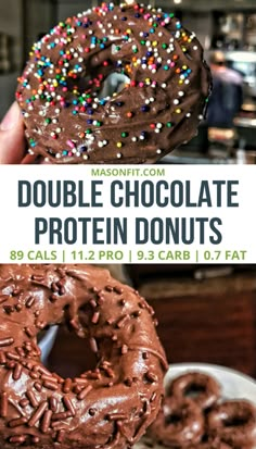 double chocolate protein doughnuts with sprinkles on top and the words, double chocolate protein donuts