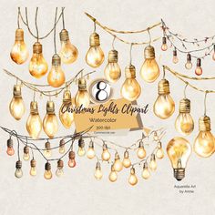 a bunch of light bulbs hanging from a wire with lights on it and the words christmas lights clipart below