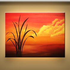 a painting of a sunset with grass in the foreground