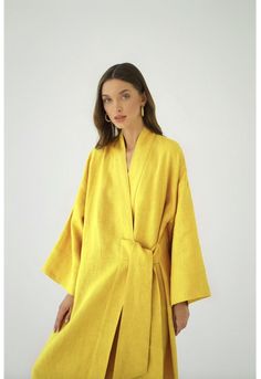 Linen kimono robe dress women Long sleeve dress Kimono Sleeve Dress Pattern, Wrap Kimono Dress, Long Sleeve Linen Dress, Styling Kimono, Designer Kimono, Kimono Dresses, Yellow Kimono, Furisode Kimono, Kimono Sleeve Dress