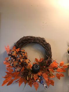 Fall Wreath w/pumpkin-17'Round on grape vine w Navy pumpkin and navy orange  bow Elegant Fall Wreaths, Poinsettia Wreath, Natural Wreath, Wood Artwork, Burlap Bows, Elegant Fall, Cozy Atmosphere, Decorative Pottery, Autumn Season