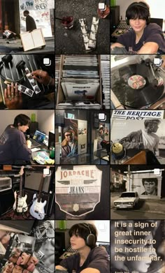 a collage of various pictures with people and music equipment