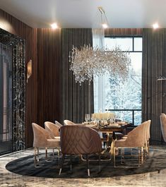 a dining room with a chandelier hanging from the ceiling and chairs around it