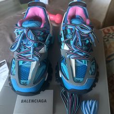 Brand New Balenciaga Track Sneakers. Authentic. Womans Size 6. Original Box, Dust Bag, 2 Pair Of Different Shoe Strings. Proof Of Purchase Balengiaca Shoes Pink, Balenciaga Tracks, Balenciaga Sneakers Outfit, Blue Balenciaga Shoes, Sock Boots Outfit, Balenciaga Sock, Black Balenciaga Track Sneakers, Underground Shoes, Track Sneakers