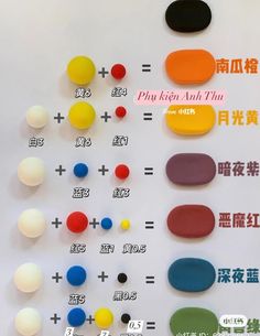 an assortment of different colored buttons on a white surface with chinese characters in the background