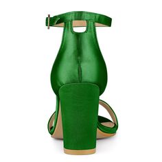 These high heels feature an open toe with an ankle strap, a chunky high heel, and comfortable satin material with soft insole ends. You can pair them with skirts and skinny pants. They are feminine and they can completely transform your personality and style gracefully. Please check the size measurement chart before ordering. Please note that there may be a slight color difference. Green Block Heel Sandals For Night Out, Green Open Toe Block Heels For Party, Green Synthetic Block Heels, Green Open Toe Block Heels With Stacked Heel, Green Ankle Strap Heels Medium Width, Green Ankle Strap Heels With Medium Width, Green Block Heels Medium Width, Green Block Heel Shoes With Medium Width, Green Medium Width Block Heel Shoes