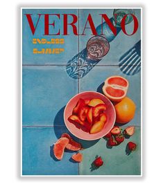 a magazine cover with oranges and strawberries in a bowl on a blue tiled floor