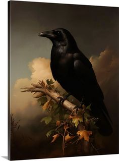 a black bird sitting on top of a tree branch in front of a cloudy sky