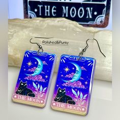 New In Gift Box Usa Seller Next Day Shipping Introducing My Extraordinary Unique The Moon Tarot Card Earrings. Perfect For Adding A Fun Twist To Any Outfit! These One-Of-A-Kind Earrings Are The Ultimate Conversation Starter, Combining The Mystical Allure Of Tarot And The Eerie Appeal Of The Unknown. Crafted With Hypoallergenic Materials, They Are Suitable For All Skin Types. These Earrings Will Ensure You Stand Out In A Crowd And Receive Countless Compliments For Your Daring And Unique Fashion S Card Earrings, Moon Tarot Card, Black Heart Earrings, Kawaii Fairy, The Moon Tarot Card, The Moon Tarot, Pastel Kawaii, Butterfly Earrings Gold, Abalone Earrings