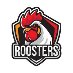 the rooster logo is shown on a white background with red, yellow and black colors