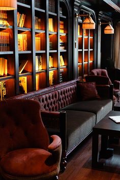 a room with many bookshelves and couches