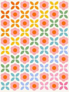 an abstract flower pattern with different colors and shapes on white paper, in the shape of flowers