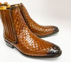 Woven Calfskin Slip-On Boot Cognac – C&E Fashions Fitted Brown Chelsea Boots With Leather Sole, Brown Slip-on Formal Boots, Brown Slip-on Boots, Brown Fitted Slip-on Boots, Fitted Brown Slip-on Boots, Elegant Brown Slip-on Boots, Brown Slip-on Chelsea Boots With Textured Sole, Street Style Boots, Cordovan Shoes