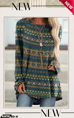 Fairman Island Vintage Sweater Pattern Print Crew Neck Tunic Patterned Long Sleeve Winter Top, Green Bohemian Tops For Fall, Patterned Long Sleeve Tops For Winter, Casual Patterned Tops For Fall, Bohemian Crew Neck Top For Winter, Winter Patterned Crew Neck Top, Green Bohemian Winter Tops, Patterned Crew Neck Winter Top, Bohemian Printed Winter Tops