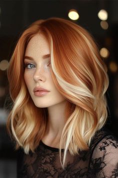 Copper Hair On Blonde, Red Hair With White Front Pieces, Copper Hair With Platinum Highlights, Light Brown To Red Ombre, Red Orange And Blonde Hair, Orange With Blonde Money Piece, Blond With Orange Highlights, Short Copper Hair With Blonde Money Piece, Sunset Blonde Hair