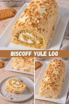 this is a collage of photos showing the inside of a carrot roll with cream cheese frosting