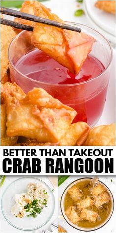 different types of food with the words, better than takeout crab rangoon