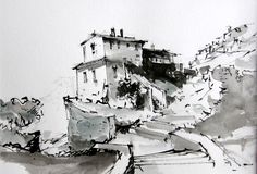 an ink drawing of a house on a hill