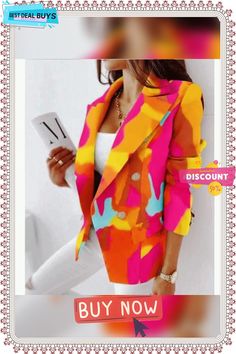 New Style Long-sleeved Double-breasted Fashion Print Suit Fitted Summer Blazer With Button Closure, Trendy Summer Blazer With Button Closure, Multicolor Fall Blazer With Lapel Collar, Trendy Summer Blazer With Buttons, Trendy Summer Blazer, Trendy Spring Blazer With Buttons, Multicolor Spring Blazer For Work, Fitted Button-up Summer Blazer, Fitted Summer Blazer With Button-up