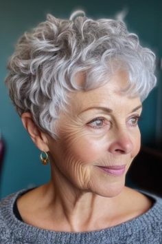 If you’re looking for something stylish, opt for a short, curly pixie cut in silver. This haircut showcases the texture of curly hair while adding a modern and sophisticated touch with the silver color. Click here to check out more flattering hairstyles for women over 70. Body Waves For Short Hair, Curly Grey Hair Natural Curls Short Hairstyles, Curly Hairstyles For Women Over 70, Curly Hair Women Short, Short Hairstyles For Women With Curly Hair, Short Haircuts For Naturally Wavy Hair, Short Hairstyle Women Curly Hair Over 50, Wedge Haircut Curly Hair, Short Curly Hairstyles For Women Over 60