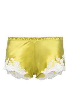 chartreuse yellow silk satin finish lace trim mid-rise elasticated waistband scallop hem thigh-length Silk Pajamas Shorts, Carine Gilson, Planet People, Yellow Silk, Scallop Hem, Pyjama Bottoms, Dolce E Gabbana, Silk Pajamas, Scalloped Hem