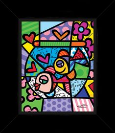 an abstract painting in black frame with colorful flowers and hearts on the bottom right corner