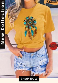 Female Summer Cozy Loose Dreamcatcher Print T-shirt Bohemian Yellow Top With Graphic Print, Bohemian Crew Neck T-shirt For Fall, Bohemian Fall Crew Neck T-shirt, Fall Bohemian Crew Neck T-shirt, Sunflower Dreamcatcher, Tops Graphic, Short Sleeve Pattern, Top Graphic Tees, Women's Tops