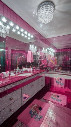 a bathroom with pink walls and flooring is pictured in this image, it appears to be very colorful