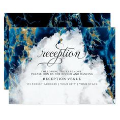 a blue and gold marble wedding reception card with the words reception on it's front