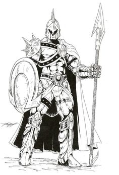 a black and white drawing of a man in armor