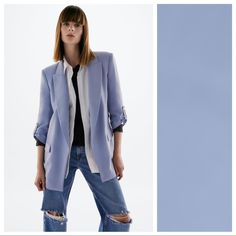 Nwt. Zara Light Blue Loose-Fitting Blazer With A Lapel Collar, Long Adjustable Sleeves With Buttoned Sleeve Tabs And Front Flap Pockets. Size Xs. Ref. 8215/481. Pit To Pit 20" Flat, Shoulders 15", Sleeves 15", Length 30". Jac Trendy Blue Single-breasted Blazer, Chic Light Blue Blazer With Notch Lapel, Light Blue Single Breasted Outerwear For Spring, Single-breasted Light Blue Spring Outerwear, Casual Light Blue Office Outerwear, Trendy Blue Formal Outerwear, Summer Light Blue Long Sleeve Blazer, Zara Light Blue Blazer For Office, Zara Light Blue Long Sleeve Blazer