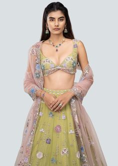 Citron net embellished, applique and mirror work kali mountain lehenga with blouse and floral border net dupatta. Fashion Course, Lehenga With Blouse, Reception Dresses, Indian Bridal Photos, Makeup Images, Fashion Courses, Designer Outfits, Gesture Drawing, Desi Girl