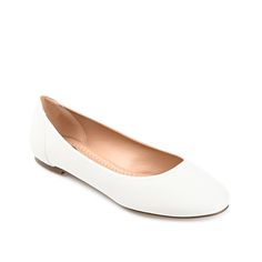 Journee Collection-Kavn Ballet Flat Slip on the Kavn from Journee Collection for a cute and casual look. With a classic design and faux leather finish, these ballet flats go great with jeans or dresses! A comfort-focused footbed ensures every step is soft and dreamy. White Synthetic Slip-on Ballet Flats, White Synthetic Ballet Flats With Round Toe, White Synthetic Ballet Flats For Spring, White Fitted Flats With Round Toe, Casual White Synthetic Ballet Flats, Spring White Synthetic Ballet Flats, White Almond Toe Flats For Everyday, White Medium Width Flats, White Round Toe Casual Ballet Flats