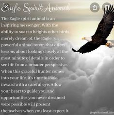 an eagle flying through the sky with clouds in front of it and a poem written below