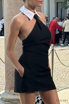 Lasaky - Elegant Sleeveless Dress with Black Solid Patchwork, Backless Design, and Stylish Turndown Collar Bandage Dress Black, Short Dress Styles, Dress Sleeve Styles, Christmas Party Dress, Backless Mini Dress, Mini Dresses For Women, Halter Mini Dress, Turndown Collar, Versatile Dresses