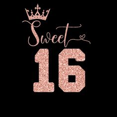 the sweet sixteen birthday card is shown in pink glitter and has a crown on top