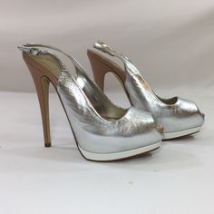 Worn Once. Like Brand New. No Defects. No Box Modern Silver High Heels, Chic Silver Open Heel Shoes, Chic Silver Open Heel Heels, Silver Shiny Heels For Formal Occasions, Formal Silver Shiny Heels, Elegant Shiny Silver Heels, Silver Platform Heels With Pointed Toe, Chic Silver Open Toe Heels, Silver Platform Heels With Closed Toe