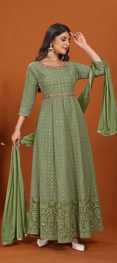 Festive, Party Wear, Reception Green color Gown in Faux Georgette fabric with Anarkali Embroidered, Sequence, Thread, Zari work : 1948668 Green Long Sleeve Gown For Festive Occasions, Party Dress With Resham Embroidery And Fitted Bodice, Festive Full-length Dress With Intricate Embroidery, Pista Green Gown For Reception, Green Gown With Traditional Drape For Reception, Festive Embroidered Dress With Fitted Bodice, Formal Green Semi-stitched Anarkali Set, Green Embroidered Gown For Party, Semi-stitched Full Length Embroidered Dress