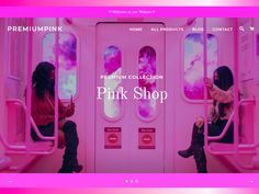 the pink shop website is displayed on a computer screen, with two women looking at their phones