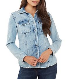 Peter Nygard Frayed Denim Button-Down Shirt Spring Washed Denim Collared Top, Spring Collared Washed Denim Top, Spring Medium Wash Collared Top, Spring Washed Long Sleeve Blouse, Spring Washed Denim Top, Light Wash Tops With Pockets, Long Sleeve Washed Blouse For Spring, Spring Long Sleeve Washed Blouse, Medium Wash Blouse With Pockets For Fall