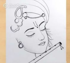 a drawing of a woman with her eyes closed and holding a pencil in her hand